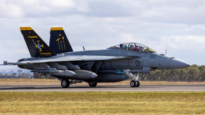 A Royal Australian Air Force F/A-18F Super Hornet lands at the Australian International Airshow 2025.