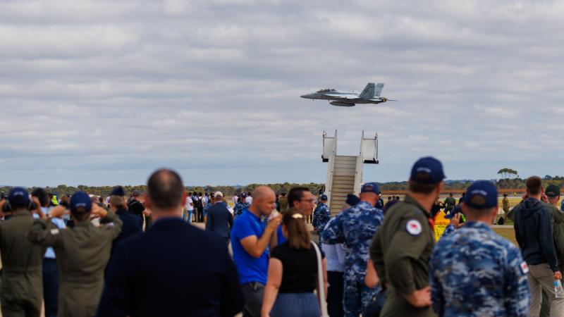 A F/A-18F Super Hornet conducts a low level flypast during the Australian International Air Show 2025, at Avalon Airport.