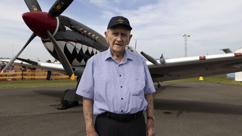World War II Spitfire Pilot John McDonald with a No. 100 Squadron Supermarine Spitfire MK VIII aircraft at the Australian International Air Show 2025. Photo: WOFF Ricky Fuller