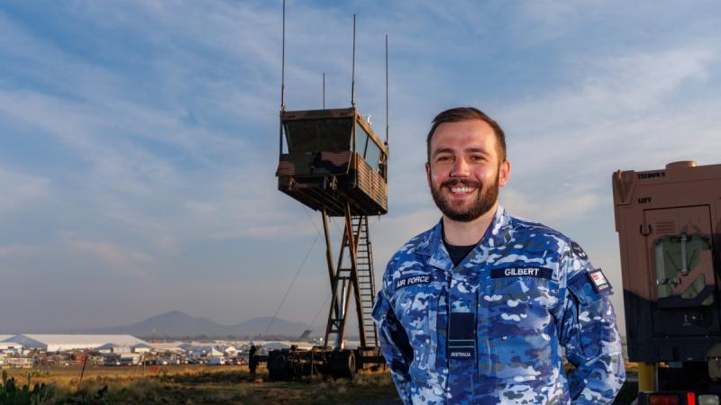 Air Traffic Controller, Flight Lieutenant James Gilbert stands in front of a Transportable Air Operations Tower during the Australian International Air Show 2025, at Avalon Airport. Photo: Leading Aircraftman Ryan Howell
