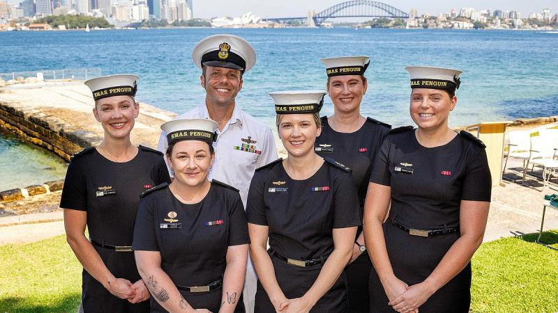 Leading Seaman medics Erika Birkefeld, Dannielle McLeod, Karlie Laney, Christie Atwell and Kimberley Griffin stand with their Chief Instructor, Chief Petty Officer Ashley Rhodes, for their Clinical Managers Course Graduation at Bradley's Head, Sydney.
