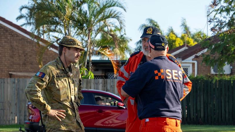  Regiment, talks with Queensland State Emergency Service officers about assisting Hervey Bay residents in the wake of Ex-Tropical Cyclone Alfred.
