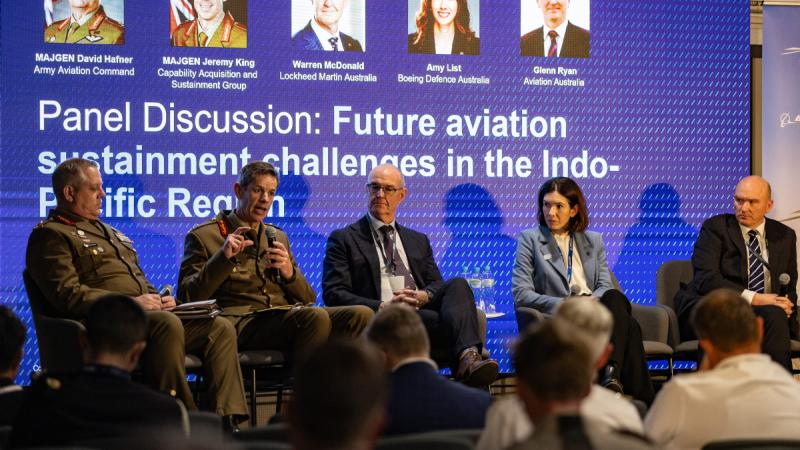 A panel discusses the future of aviation sustainment during the Indo-Pacific Military Rotorcraft Symposium (IPMRS) at the 2025 Avalon International Airshow at Avalon, Australia, March 26, 2025. IPMRS brings together military leaders and Australian Defence Industry partners to strengthen relationships and address current and future aviation challenges.
