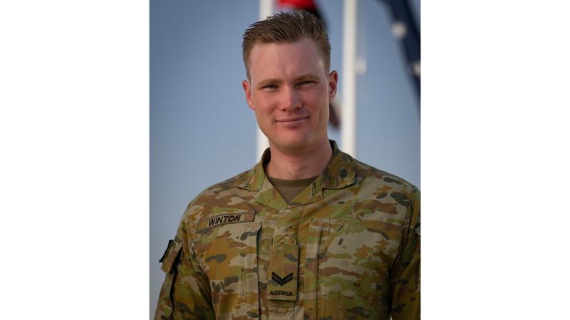 Australian Army soldier Corporal Thomas Winton deployed on Operation Accordion at Camp Baird, United Arab Emirates.