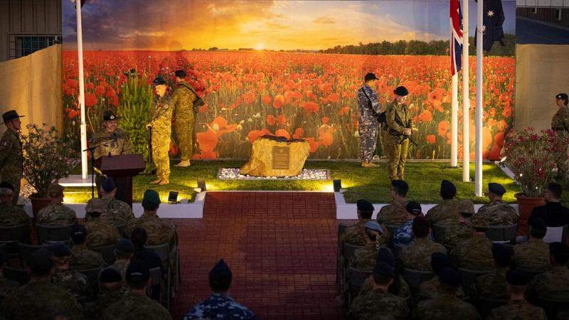 An Australia-New Zealand catafalque party stands guard during the Anzac Day dawn service at Head Quarters Middle East, at Al Minhad Air base in the UAE.
