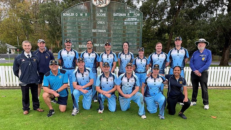 Air Force Cricket's Anzac Day 2022 team line up before the match in Bowral.