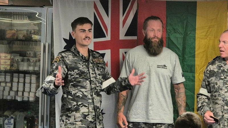 Private Alp Hyde, on board HMAS Choules as Ship’s Army Establishment, translates for Lithuanian solo adventurer, Aurimas Mockus.