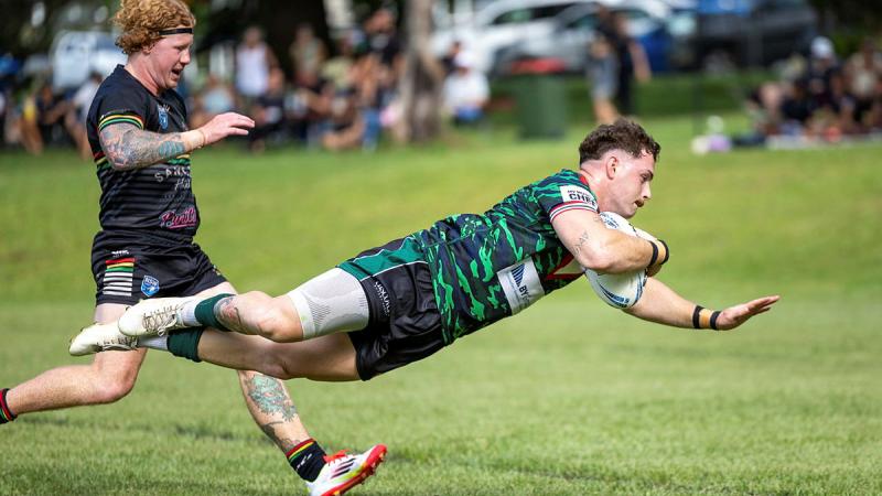 Australian Army officer Captain Blake Wallace from the Army Thunder rugby league team scores a try during the annual Sergeant Matthew Lock MG charity match against the Sawtell Panthers in Bellingen, NSW. Photos: Lance Corporal Luke Donegan