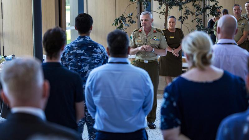 Commander Cyber Command Major General Robert (Doc) Watson addresses Cyber Command Headquarters during the first birthday celebrations of the command.