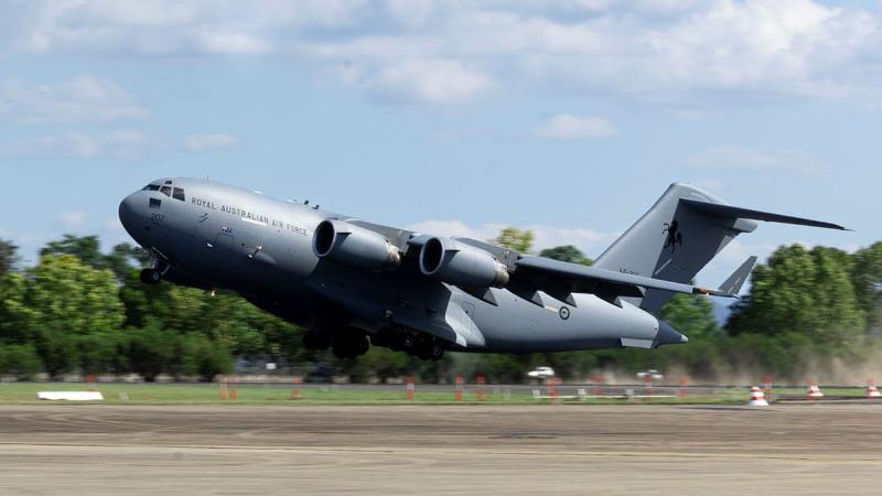 A Royal Australian Air Force C-17A Globemaster aircraft departs for a recreational flight with personnel from No. 37 Squadron and No. 36 Squadron at RAAF Base Richmond, NSW