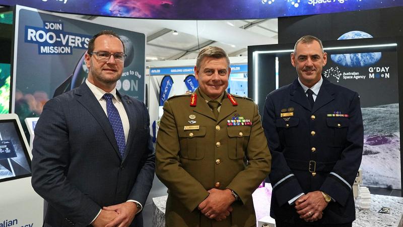 (Left) General Manager Office of the Space Regulator Christopher DeLuis, Commander Defence Space Command Major General Gregory Novak and Director General Defence Aviation Safety Air Commodore AIRCDRE James Badgery at the Australian International Airshow 2025. 