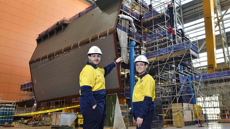 From left, Matthew Clemente and Macey Bristow are part of the first South Australian cohort of the Defence Industry Pathways Program and started with the program in March. 