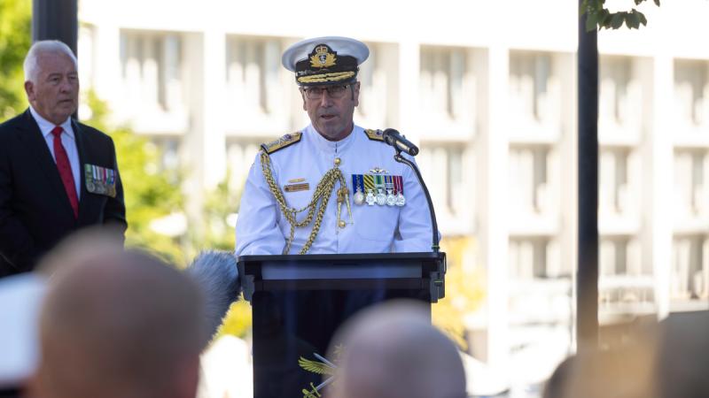 Acting Chief of Navy Rear Admiral Matthew Buckley speaks during the 20th anniversary commemoration ceremony of the Shark 02 crash, held at Russell Offices, Canberra.