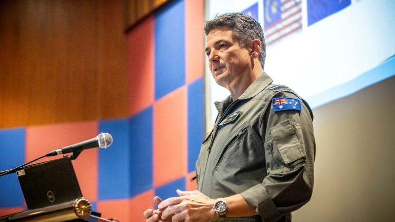 Commander Integrated Area Defence System, Air Vice-Marshal Nathan Christie, speaks to participants of Exercise Bersama Shield during the opening ceremony at Royal Malaysian Air Force Base Butterworth in Penang, Malaysia.