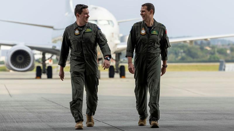 Flying Officer Oliver Hodgson and Royal Canadian Air Force exchange pilot, Captain Alexander Jacobi, from RAAF 11 Squadron, at United States Air Force Kadena Air Base, Japan, during Operation Argos 25-1.