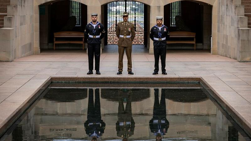 Able Seaman Joshua Bishenden, Private Daniel Barlow and Able Seaman Mitchell Rigney at the Australian War Memorial in Canberra during final preparations for Anzac Day 2025.