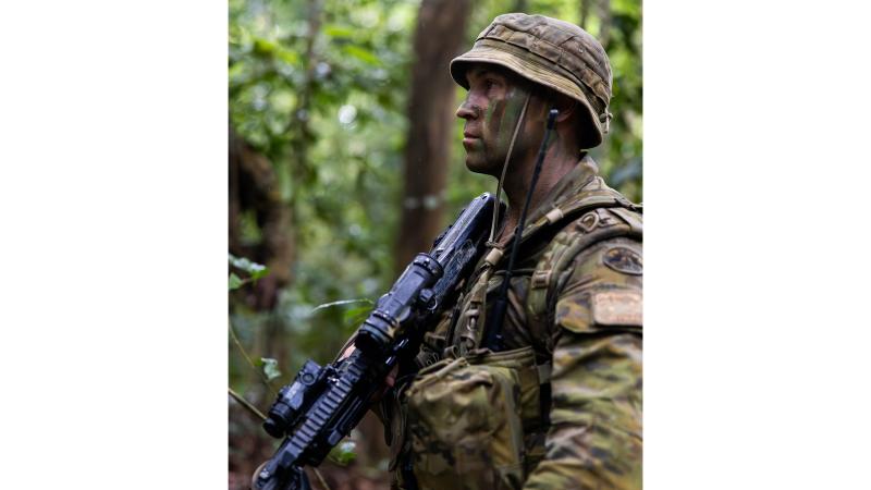 Sergeant Josh Taylor from the 1st Battalion, The Royal Australian Regiment, conducting jungle training in Pulada, Malaysia, for the 147th rotation of Rifle Company Butterworth. 