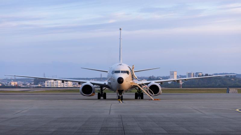 A Royal Australian Air Force P-8A Poseidon aircraft sits on the flight line at US Air Force Kadena Air Base, Japan, during Operation Argos.