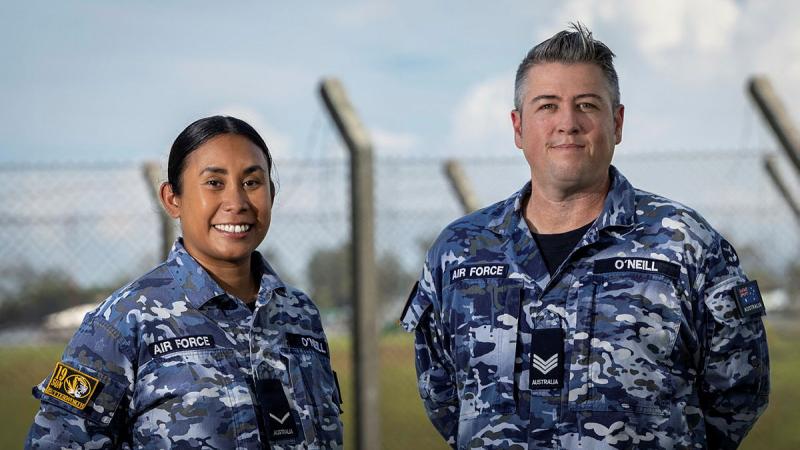 RAAF Leading Aircraft Woman Jeanny O’Neill, from 19 Squadron, and Sergeant James O’Neill, from Headquarters Integrated Area Defence System, at Royal Malaysian Air Force Base Butterworth in Penang, Malaysia. 