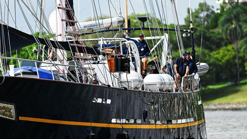 Participants in the Young Endeavour Youth Scheme ship sails through the Brisbane River before embarking on its next voyage to Gladstone. 