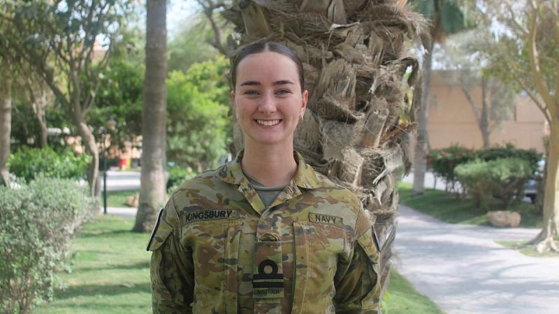 Lieutenant Tian Kingsbury observed Anzac Day while on Operation Manitou in Bahrain. 