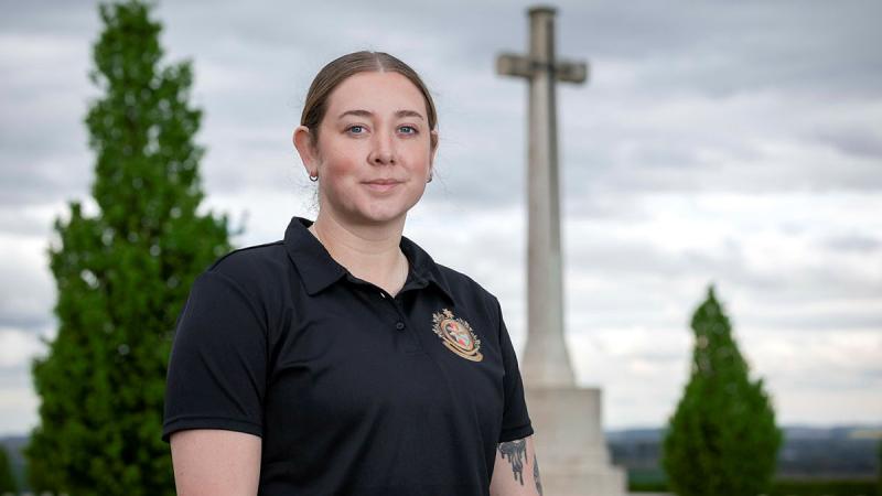 Able Seaman Madison Beard of Australia’s Federation Guard at Villers-Bretonneux Military Cemetery in France prior to this year’s Anzac Day Dawn service. 
