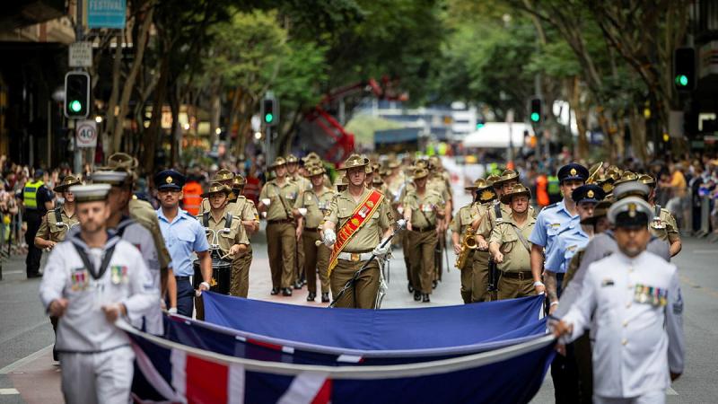 Soldiers from 7th Brigade march down Adelaide Street during the Anzac Day 2025 parade in Brisbane. 