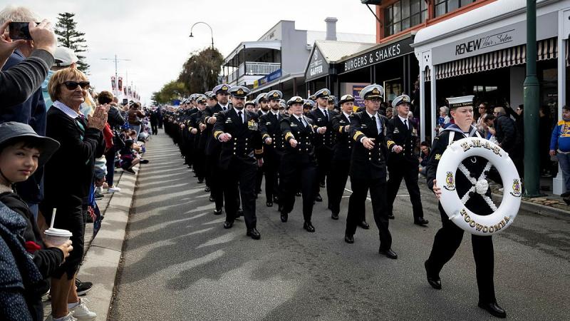 Royal Australian Navy sailors from HMAS Toowoomba ship's company march down York Street in Albany, Western Australia, on Anzac Day.