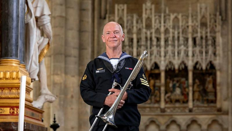 Leading Seaman Simon Bartlett, of the Royal Australian Navy Band, pays tribute to his grandfather's service in a special concert at Amiens Cathedral in France after Anzac Day.