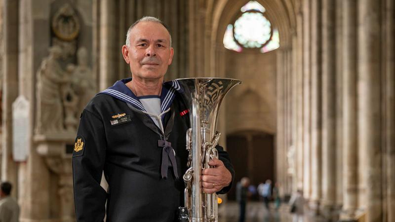 Able Seaman Francis Piccin from the Royal Australian Navy band at Amiens Cathedral in France. 