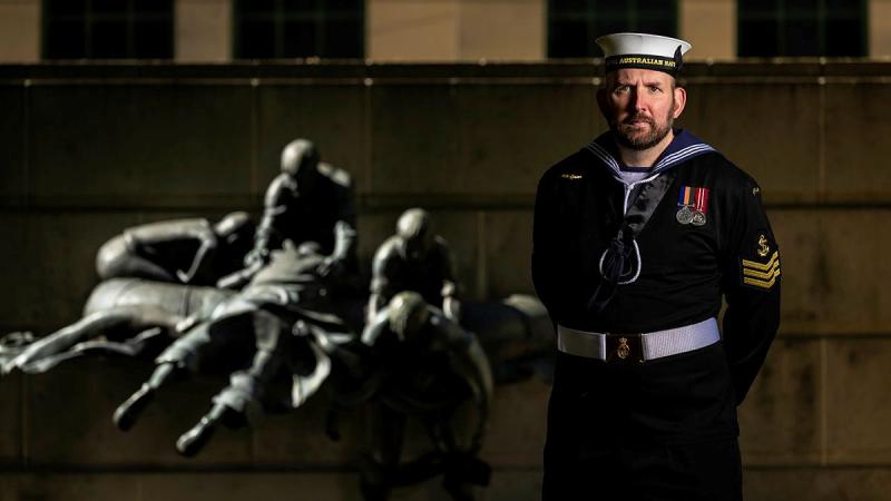 Leading Seaman Benjamin Woodlock, of Australia's Federation Guard, at the Australian War Memorial during the lead-up to Anzac Day 2025, when he will command the Catafalque Party at the Gallipoli dawn service.