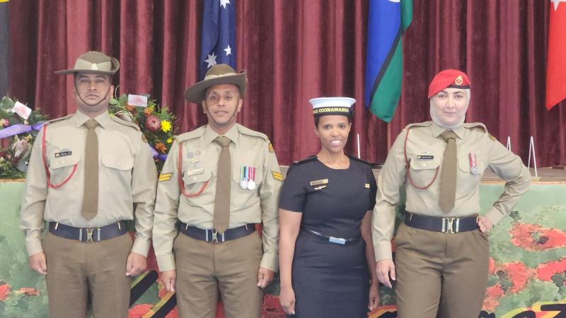 Able Seaman Naffissa Mohamed with Private Qasim Ali, Corporal Akram Saleh and Lance Corporal Hassiba Saha at the Islamic College of Brisbane on Anzac Day 2024.