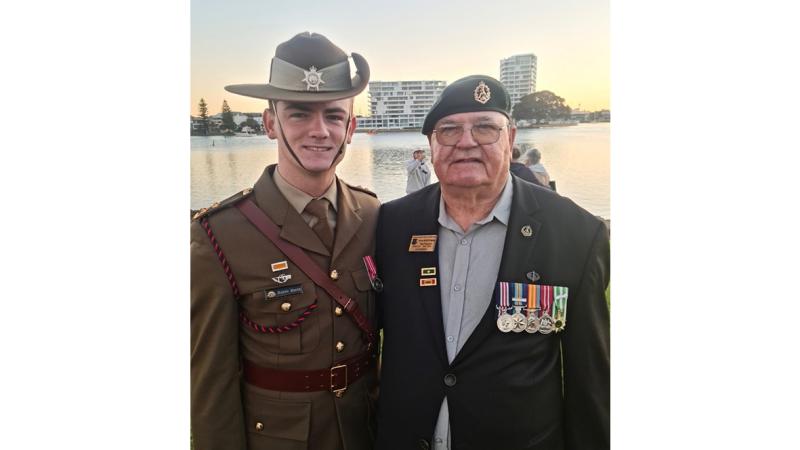 Lance Corporal (retd) Kevin Booth with his grandson Lieutenant Kaleb Booth, of the 10th Force Support Battalion, pose together after the Mandurah RSL parade.