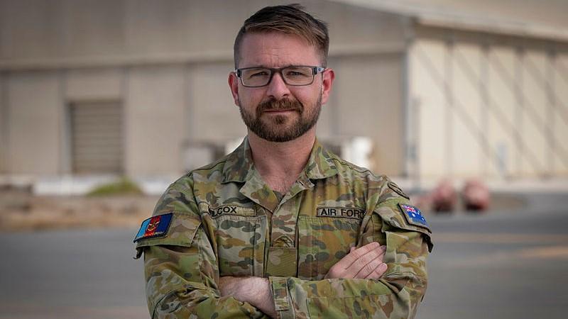 Royal Australian Air Force officer Flight Lieutenant James Wilcox deployed on Operation Accordion at Al Minhad Air Base, 2025. 