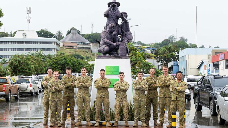 Australian Army soldiers from the 2nd Cavalry Regiment and the 3rd Combat Engineer Regiment visit he Solomon Scouts and Coastwatchers Monument during Exercise Coastwatchers 2025.