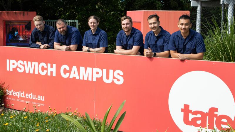 Air Force trainees at their TAFE - Ipswich Campus,  Aircraftman Luke Stewart, Aircraftman Aaron Thomas, Aircraftwoman Leah Elton, Leading Aircraftman Isaac Lapworth, Aircraftman Connor Jennings-To and Aircraftman Natthaphong Tidtam.