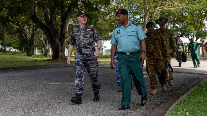 ADF Chief of Joint Operations Vice Admiral Justin Jones, left, speaks with Colonel Craig Solomon of the PNG Defence Force during a visit to Murray Barracks in Port Moresby.