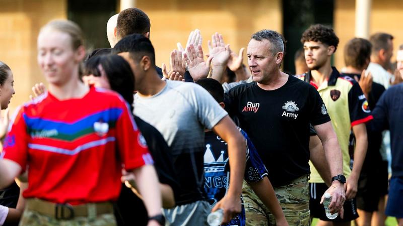 Australian Army personnel along with participants from Tribal Warrior conduct a training session during the Clean Slate without Prejudice program at Victoria Barracks, Sydney.
