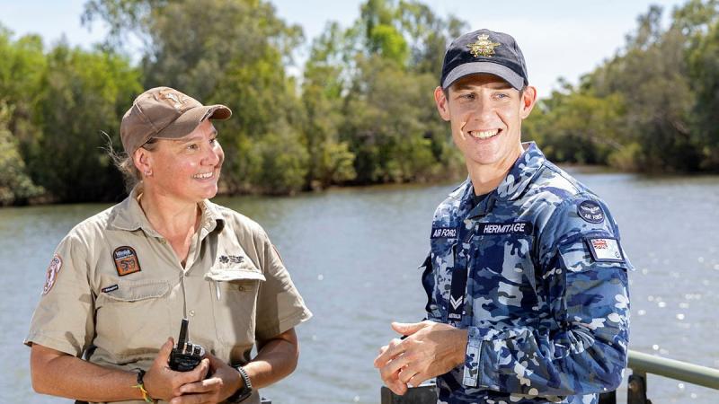 Royal Australian Air Force Corporal Andrew Hermitage and Northern Territory Parks and Wildlife ranger Gillian Towler discuss the clearing of the Jatbula Track, Northern Territory.