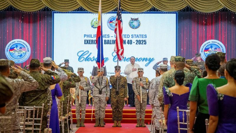 Flag bearers participate in the official closing ceremony of Exercise Balikatan at Camp General Emilio Aguinaldo, Quezon City, Manila, Philippines. 