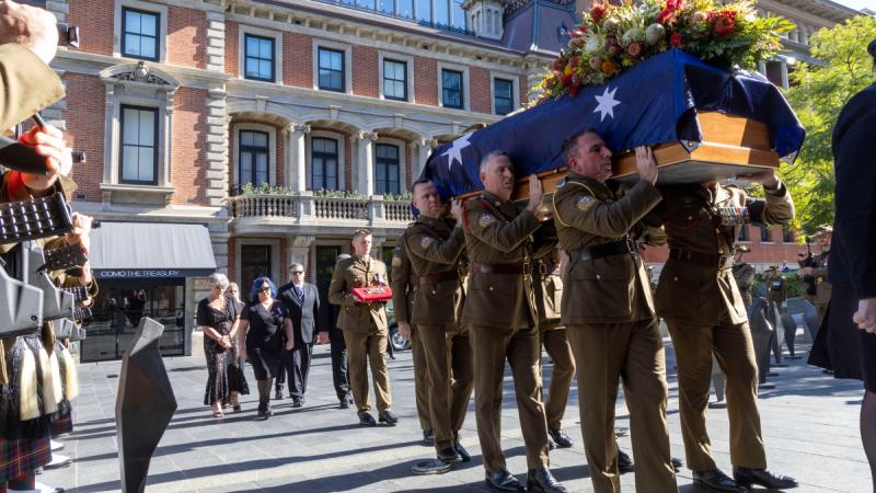Australian Army soldiers form a bearer party outside St George's Cathedral in Perth, WA, to carry Arthur Leggett's casket inside for his State Funeral. Left to right: WO1 Ian Hallt, WO1 Brad Foster and WO1 Bruce Williams.