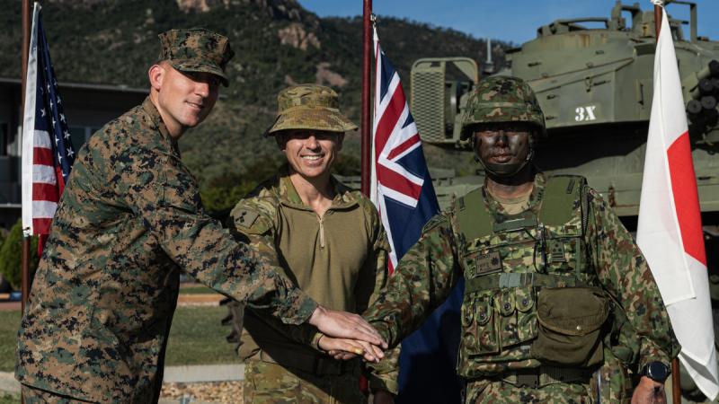 US Marine Corps Task Force Commander, Major Nicholas Foust, Commander 3rd Brigade, Brigadier Ben McLennan, and Commander 46th Infantry Regiment, Japan Ground Self-Defense Force, Colonel Morita Yuya at 3rd Brigade Headquarters, Lavarack Barracks, Townsville. 