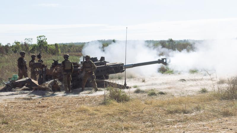 Australian Army soldiers from the 8th/12th Regiment, Royal Australian Artillery, conduct a danger-close live-fire serial with M777 Howitzers on Exercise Predators Walk 2025 at Mount Bundey Training Area in the Northern Territory.