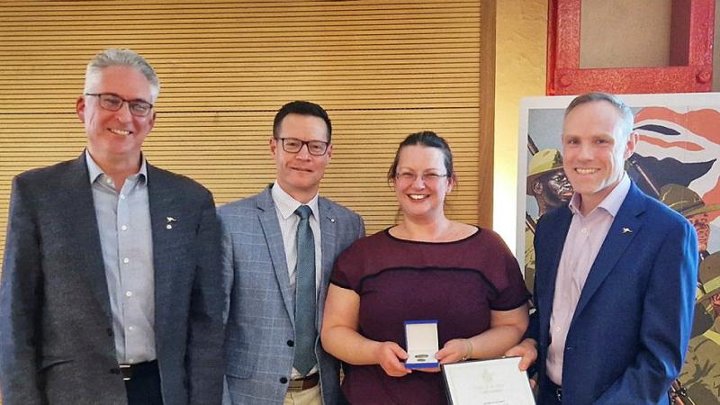 (Left to right) Air Adviser Group Captain Scott Woodland, Assistant Air Adviser Wing Commander Leigh Dunnett, Emma Elliott and Head of Australian Defence Staff Air Commodore Matt Harper. 