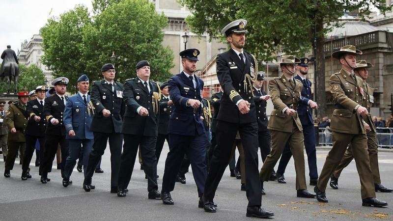 Australian Defence Force members march with service personnel from other Commonwealth nations during the London parade to commemorate the 80th anniversary of Victory in Europe Day.