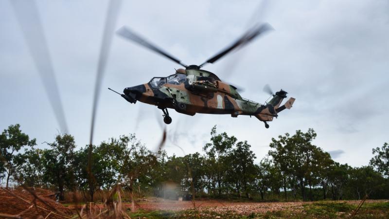 An Australian Army ARH Tiger, from 1st Aviation Regiment, hovers over the Kangaroo Flats Training Area during Exercise Griffin Walk.