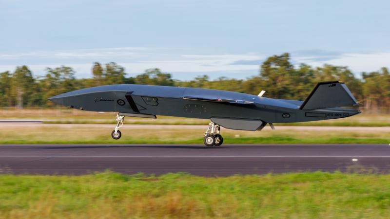 A MQ-28A Ghost Bat takes off for flight testing during Exercise Carlsbad at RAAF Base Tindal.