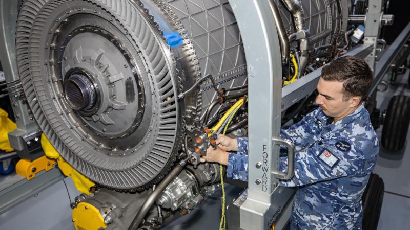 Aircraft technician Corporal Samuel Perrin, of 3 Squadron, conducts acceptance testing on the Integrated Training Centre F-35A engine training aids received from the US.