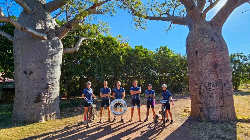 Lieutenant Commander Anthea Baczkowski, Chief Petty Officer Shane Murphy, Captain David Shirvington, Able Seaman Matthew Tickner, Chief Petty Officer Christian Duncan and Aimee Lane with their mountain bikes during the Gibb River Challenge at Home Valley Station, WA.