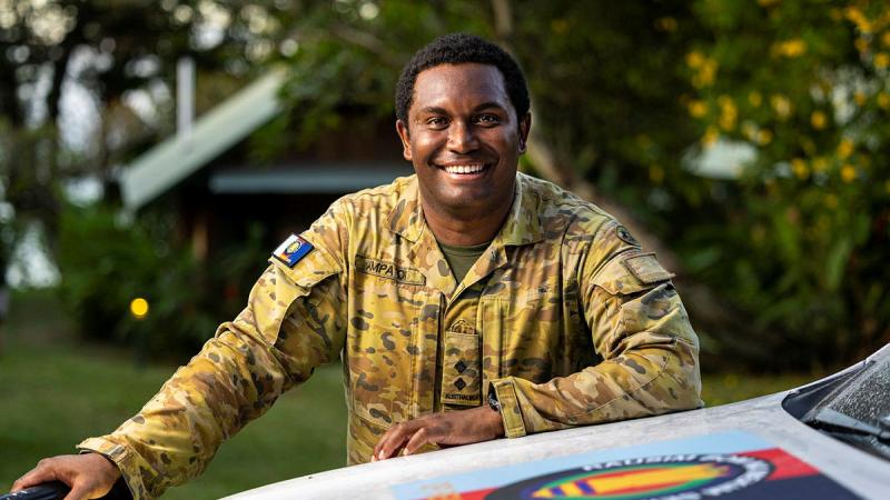 Lieutenant Adam Ampa’oi in East New Britain to assist coordination between Australian and Papua New Guinea forces as they safely dispose of unexploded ordnance from World War 2. 